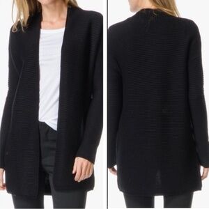 Vince Black Ribbed Cardigan, Open Front Long, Size Small